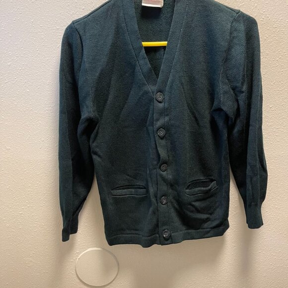 vintage Dennis Mens YL Green Acrylic Button-Up Cardigan Sweater - Picture 1 of 12